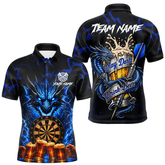 Maxcorners Black And Blue Personalized Dragon Beer Darts Shirts For Men Custom Darts League Team Jersey