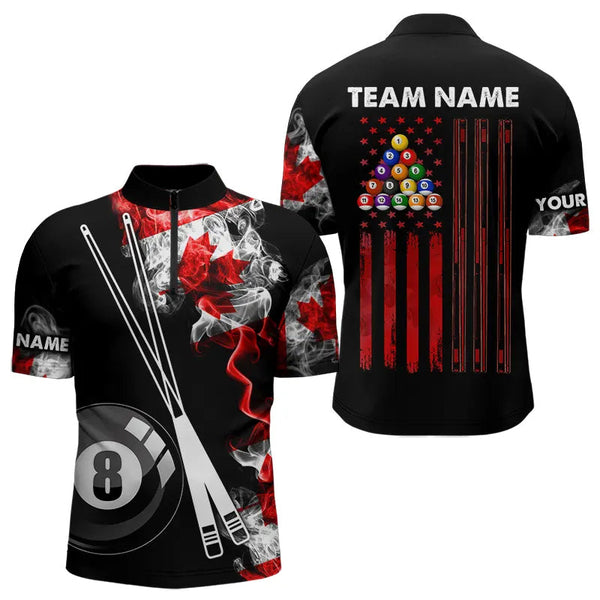 Maxcorners Personalized Canada Flag Smoke 8 Ball Pool Billiard Shirt For Men & Women, Patriotic Billiard Team Jersey