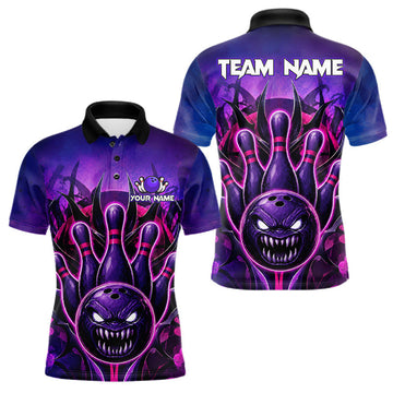 Maxcorners Purple Neon Monster Bowling Shirts For Men Custom Bowling League Team Jersey Polo & Quarter Zip LM2806