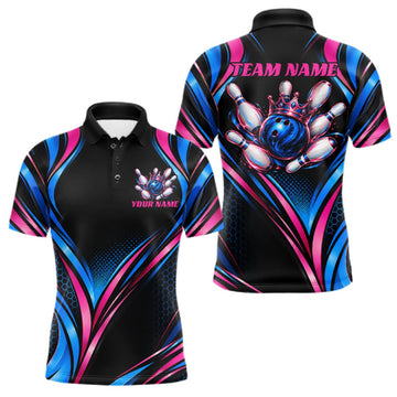 Maxcorners Black, Blue And Pink Custom Crown Bowling Shirts For Men, Bowling Team Jersey Polo & 1/4 Zip LM2709