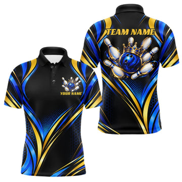 Maxcorners Black, Blue And Gold Custom Crown Bowling Shirts For Men, Bowling Team Jersey Polo & 1/4 Zip LM2709