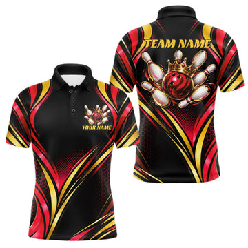Maxcorners Black, Red And Gold Custom Crown Bowling Shirts For Men, Bowling Team Jersey Polo & 1/4 Zip LM2709