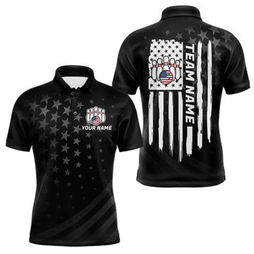 Maxcorners Personalized Black American Flag Bowling Jersey For Men Custom Patriotic Bowling Team Shirts LM2709