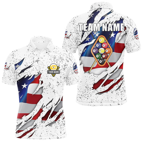 Maxcorners 9 Ball Pool US Flag White Grunge Custom Men's Billiard Shirt, Patriotic Billiard Team Jersey TU2710