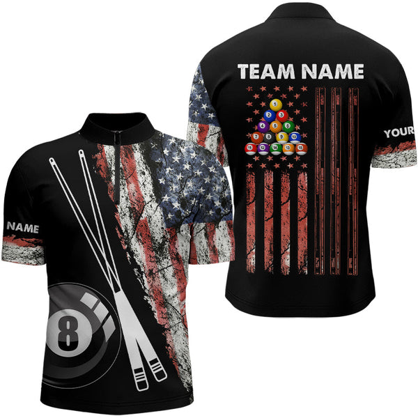 Maxcorners Retro Grunge American Flag 8 Ball Pool Billiard Shirt For Men Custom Patriotic Billiard Team Jersey