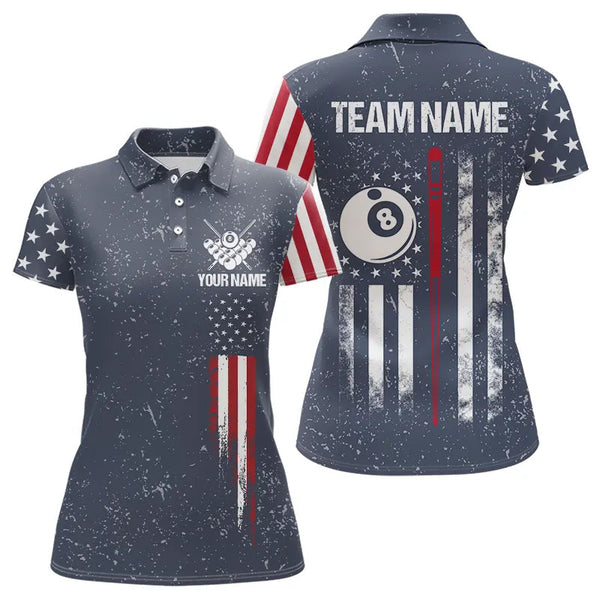 Maxcorners Grunge Navy American Flag 8 Ball Billiard Shirt For Men & Women Custom Patriotic Billiard Shirt Pool Jersey