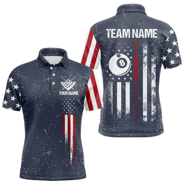 Maxcorners Grunge Navy American Flag 8 Ball Billiard Shirt For Men & Women Custom Patriotic Billiard Shirt Pool Jersey