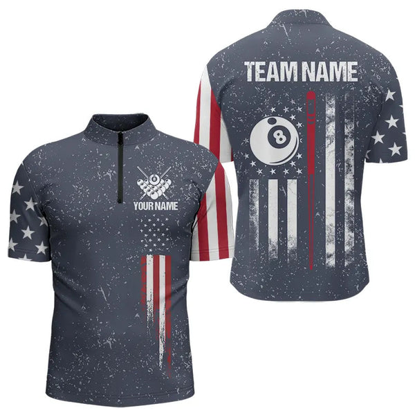 Maxcorners Grunge Navy American Flag 8 Ball Billiard Shirt For Men & Women Custom Patriotic Billiard Shirt Pool Jersey