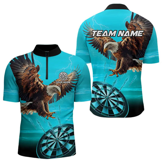 Maxcorners Personalized Cyan Blue Dartboard Eagle Dart Shirts For Men Custom Team Darts Jersey Polo & 1/4 Zip