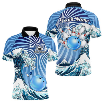 Maxcorners Custom Blue Funny Waves Ocean Bowling Shirt For Men, Bowling Team Jersey Polo & 1/4 Zip LM2603