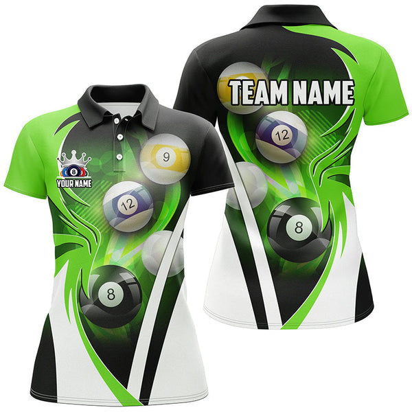 Maxcorners Personalized Billiard Tournament Shirts For Women Custom Team Name Billiard Balls Pool Jerseys |Green