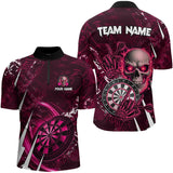 Maxcorners Personalized Pink 3D Skull Darts Polo & 1/4 Zip Shirts For Men Custom Cool Darts League Team Jersey