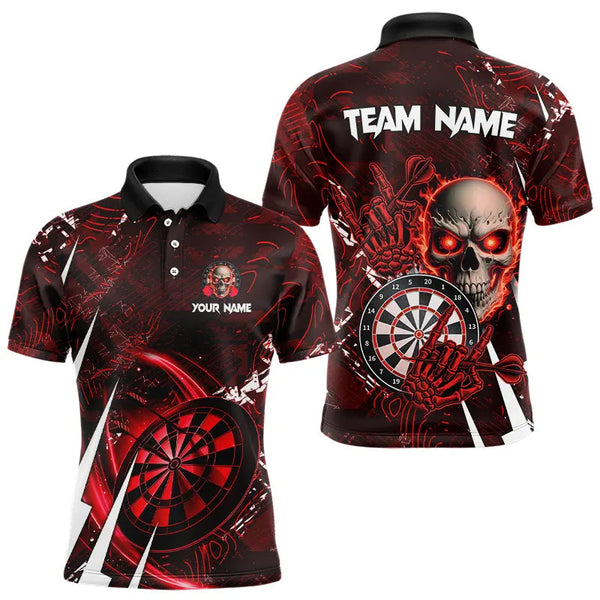 Maxcorners Personalized Red 3D Skull Darts Polo & 1/4 Zip Shirts For Men Custom Cool Darts League Team Jersey