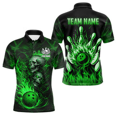 Maxcorners Green Flaming Skull Bowling Shirts For Men Custom Fire Bowling Team Jersey Polo & Quarter Zip