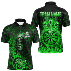 Maxcorners Green Flaming Skull Darts Polo & Quarter Zip Custom Fire Darts Shirt For Men, Darts Team Jersey