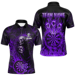 Maxcorners Purple Flaming Skull Darts Polo & Quarter Zip Custom Fire Darts Shirt For Men, Darts Team Jersey