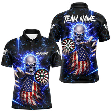 Maxcorners Blue Lightning US Flag Skull Darts Shirt For Men Custom Darts Jersey Team Polo & Quarter Zip LM2704