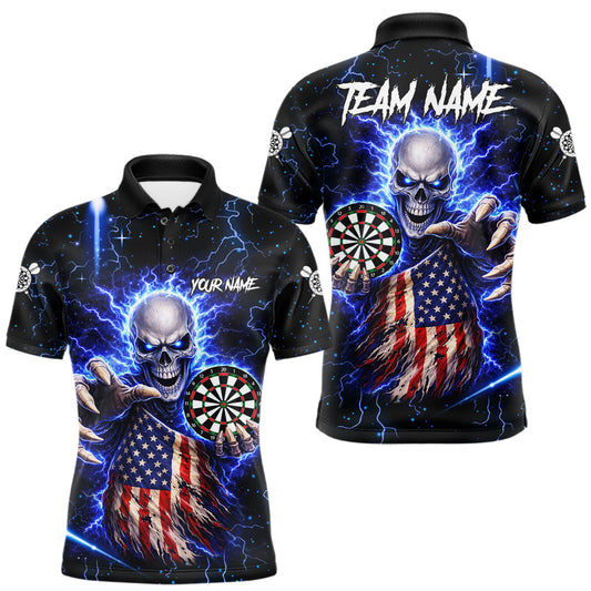 Maxcorners Blue Lightning US Flag Skull Darts Shirt For Men Custom Darts Jersey Team Polo & Quarter Zip LM2704