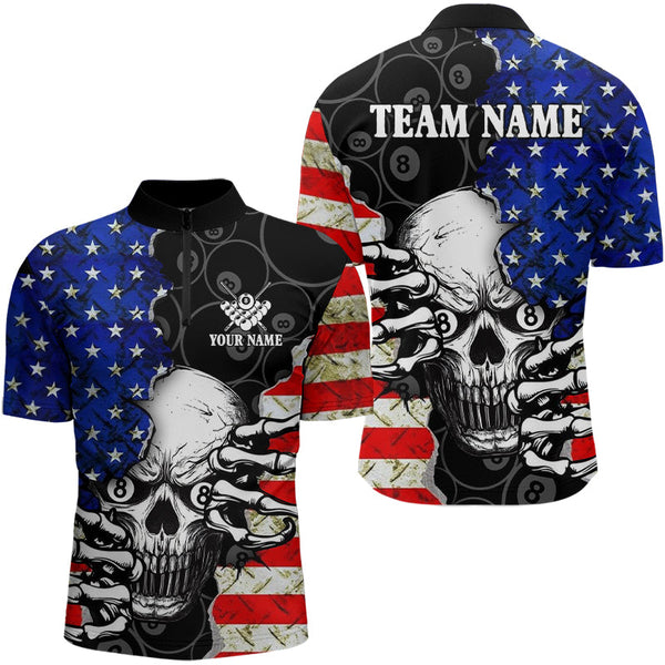 Maxcorners Personalized American Flag Menacing Skull Billiard Shirts Patriotic 8 Ball Billiard Jersey