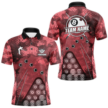 Maxcorners Red Camo 8 Ball Billiard Shirt For Men Custom Pool Team Shirt, Billiard Jersey Polo & 1/4 Zip