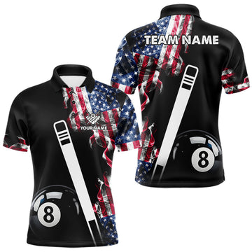 Maxcorners US Flag Smoke 8 Ball Billiard Shirt For Men Custom Patriotic Pool Team Jersey Polo & 1/4 Zip LM1904