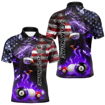 Maxcorners Purple Flame American Flag Eagle Billiard Shirts For Men Custom Pool Team Jersey Polo & Quarter Zip LM0106