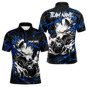 Maxcorners Black and Blue Custom Wolf Bowling Jersey for Men, Personalized Bowling League Team Shirt