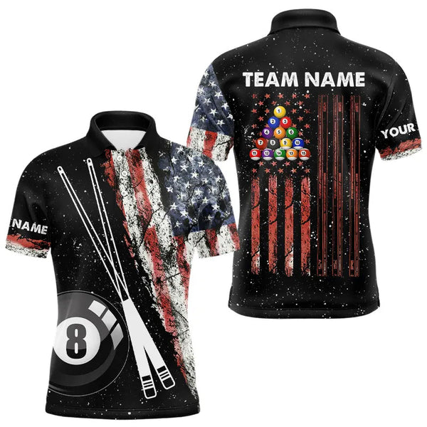 Maxcorners Retro Black Grunge American Flag 8 Ball Pool Men And Women Billiard Shirts Custom Patriotic Billiard Jersey