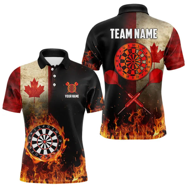 Maxcorners Personalized Retro Canada Flag Flame Dartboard Darts Shirt For Men, Patriotic Canadian Dart Jersey