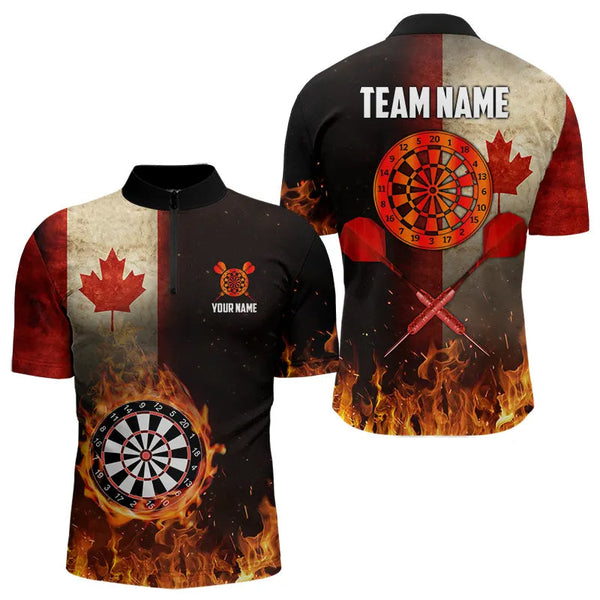 Maxcorners Personalized Retro Canada Flag Flame Dartboard Darts Shirt For Men, Patriotic Canadian Dart Jersey