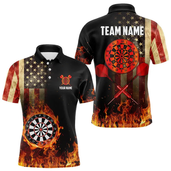 Maxcorners Personalized Retro Us Flag Flame Dartboard Darts Shirt For Men, Patriotic American Dart Jerseys