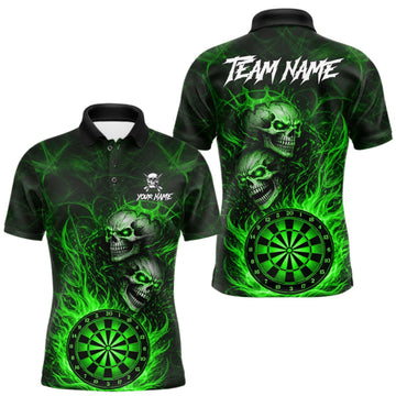 Maxcorners Personalized Green Flaming Skull Darts Polo & 1/4 Zip For Men Custom Fire Darts Team Jersey LM0409
