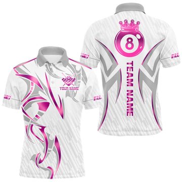 Maxcorners Custom White And Pink 8 Ball Crown Billiard Shirts For Men, Pool Team Jersey Polo & 1/4 Zip LM0410