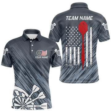 Maxcorners American Flag Grey Grunge Darts Shirt For Men Custom Patriotic Darts Jersey Team Polo & 1/4 Zip