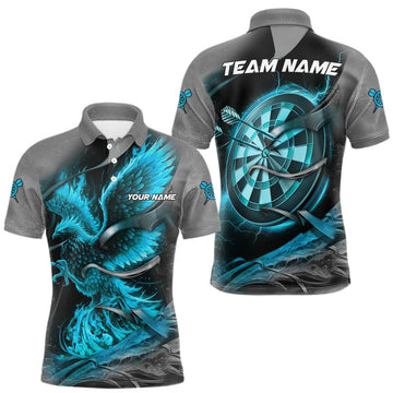 Maxcorners Personalized Phoenix Flame Darts Shirt For Men Custom Darts Team Jersey Polo & 1/4 Zip |Turquoise LM0101