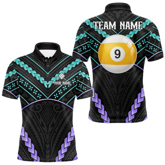 Maxcorners Custom Teal And Purple 9 Ball Pool Tribal Billiard Shirts For Men, Pool Team Jersey Polo & 1/4 Zip