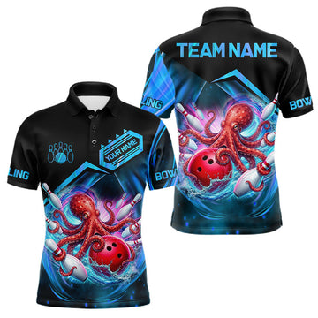 Maxcorners Personalized Blue Glowing Octopus Bowling Shirts For Men Custom Bowling League Team Jersey Outfit LM0208