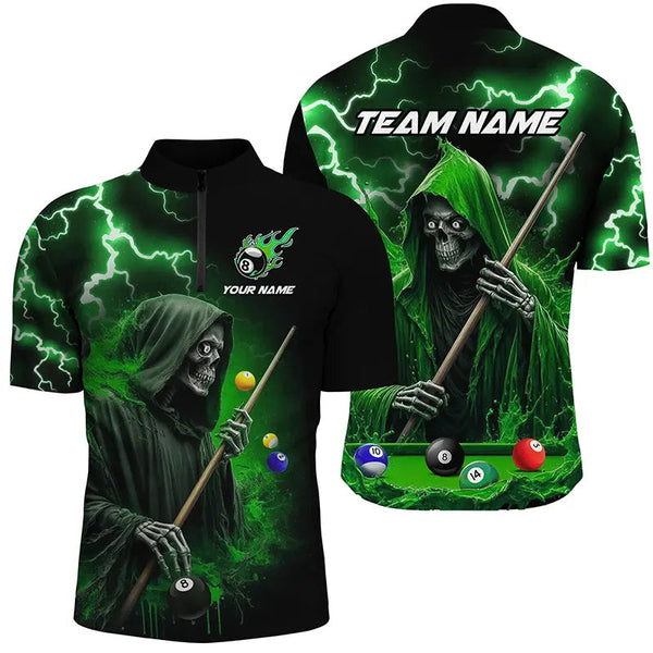 Maxcorners Green Grim Reaper Billiard Shirts For Men Custom Thunder Lightning Team League Billiard Jerseys