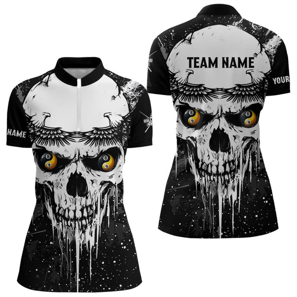 Maxcorners Personalized Black White Grunge Skull Ying And Yang Eyes Men Billiard Shirts, Funny Billiard Jersey