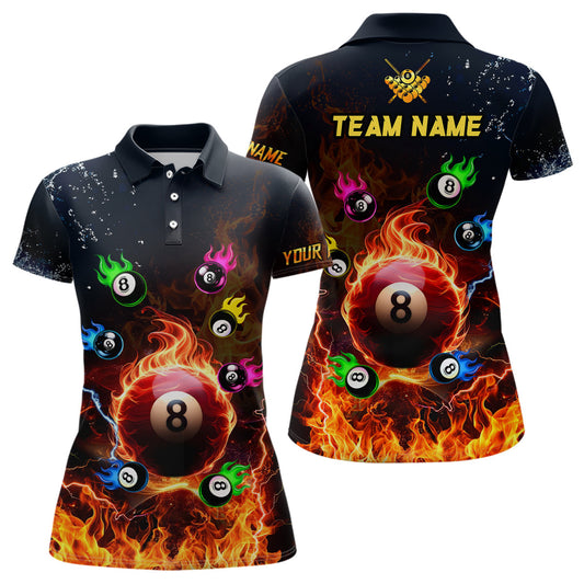 MaxCorners Billiard Colorful 8 Ball Fire Customized Name, Team Name 3D Polo Shirt For Women