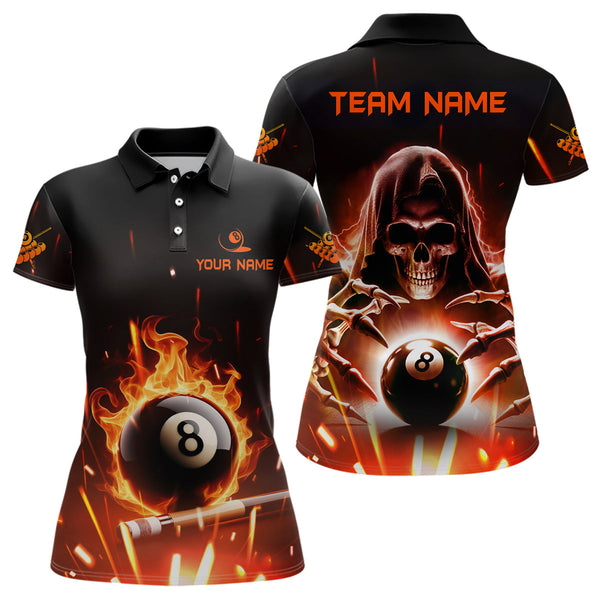 Maxcorners Billiard Skeleton Flaming 8 Ball Pool Personalized Men Polo Shirts Custom Pool League Team Shirts