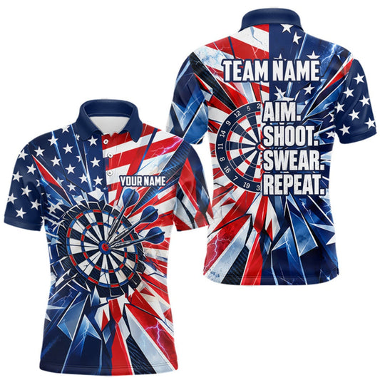 Maxcorners American Flag Aim Shoot Swear Repeat Darts Shirt For Men Custom Patriotic Dart League Team Jersey LM0510
