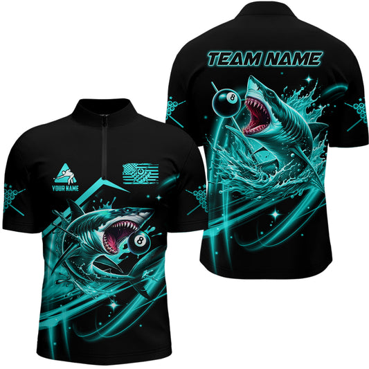 Maxcorners Turquoise 8 Ball Pool Billiard Shark Polo & Quarter Zip For Men Custom Team League Billiard Jersey