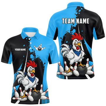 Maxcorners Custom Black And Blue Funny Chicken Bowling Shirts For Men, Bowling Team Jersey Polo & 1/4 Zip