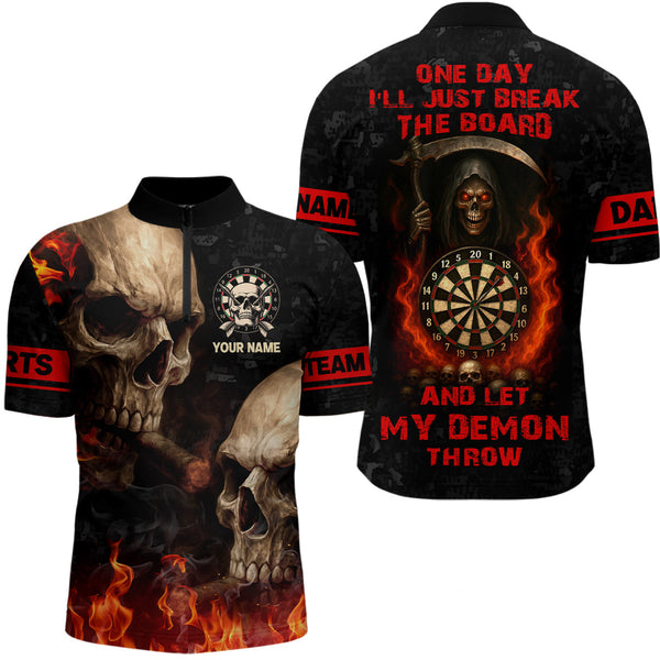 Maxcorners Let My Demon Throw Funny Dart Shirt For Men Custom Flame Skull Darts Team Jersey Polo & 1/4 Zip LM1506