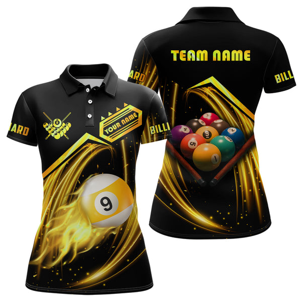 Maxcorners Personalized Yellow 9 Ball Billiard Polo Shirts Custom 9 Ball Team Shirts, Billiard Apparel For Men And Women