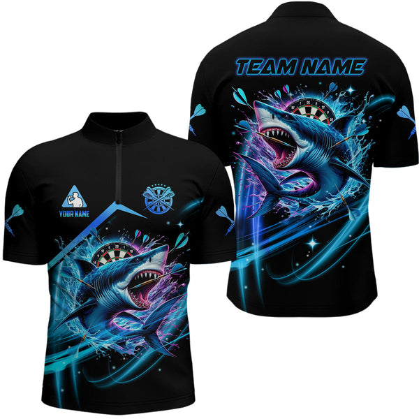 Maxcorners Personalized Blue 3D Darts Board And Shark Men Dart Polo & 1/4 Zip Shirts, Funny Dart Jersey Outfit