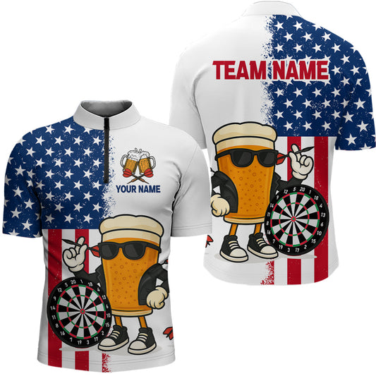 Maxcorners Funny Beer American Flag Dart Shirts For Men Custom Patriotic Darts Team Jerseys Polo & 1/4 Zip MT1706