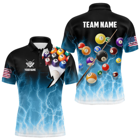 Maxcorners Blue Billiard Jersey For Men Custom Thunder Lightning 3D Pool Balls Team Jersey Polo & 1/4 Zip TDM4561 MT0708