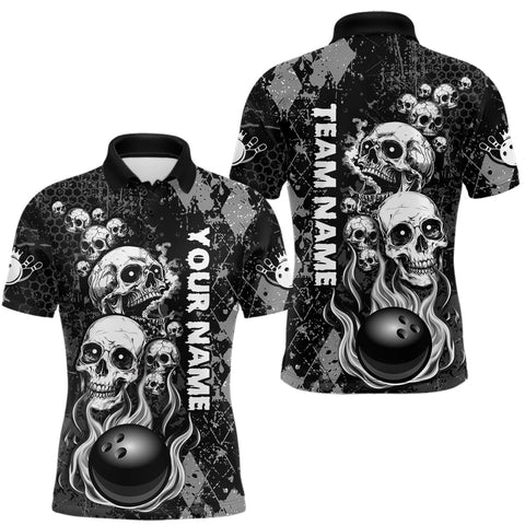Maxcorners Black Grey Grunge Argyle Skull Bowling Shirt For Men Custom Bowling Team Jersey Polo & 1/4 Zip TU0809